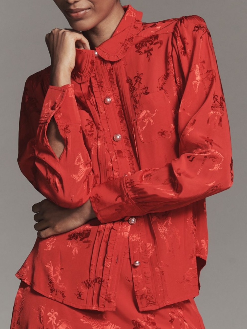 NWT Anthropologie Long-Sleeve Carousel Print Silky Buttondown Blouse in Red